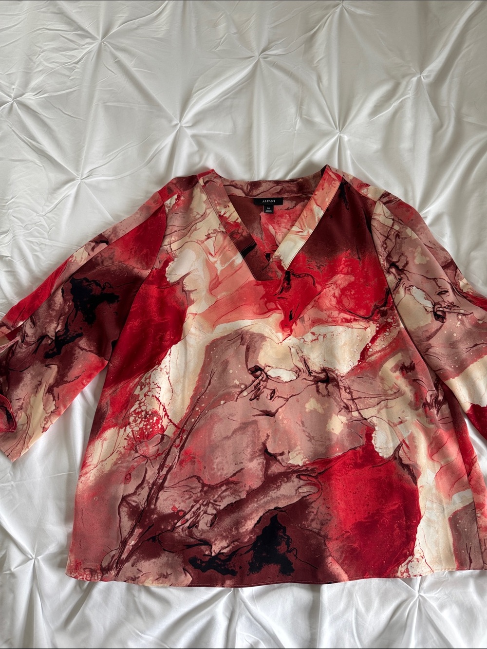 Alfani Red and Cream Marble-Print V-Neck Blouse